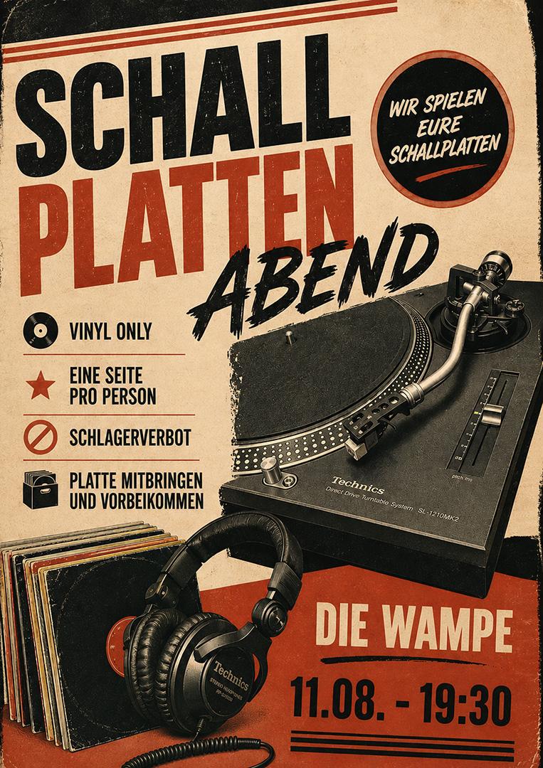 Schallplattenabend in der Kneipe Die Wampe mit Technics Plattenspieler, Kopfhörer und Vinyl-Stapel.
