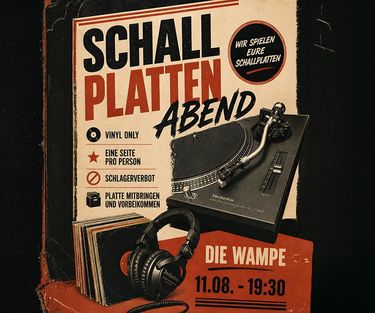 Schallplattenabend in der Kneipe Die Wampe mit Technics Plattenspieler, Kopfhörer und Vinyl-Stapel.