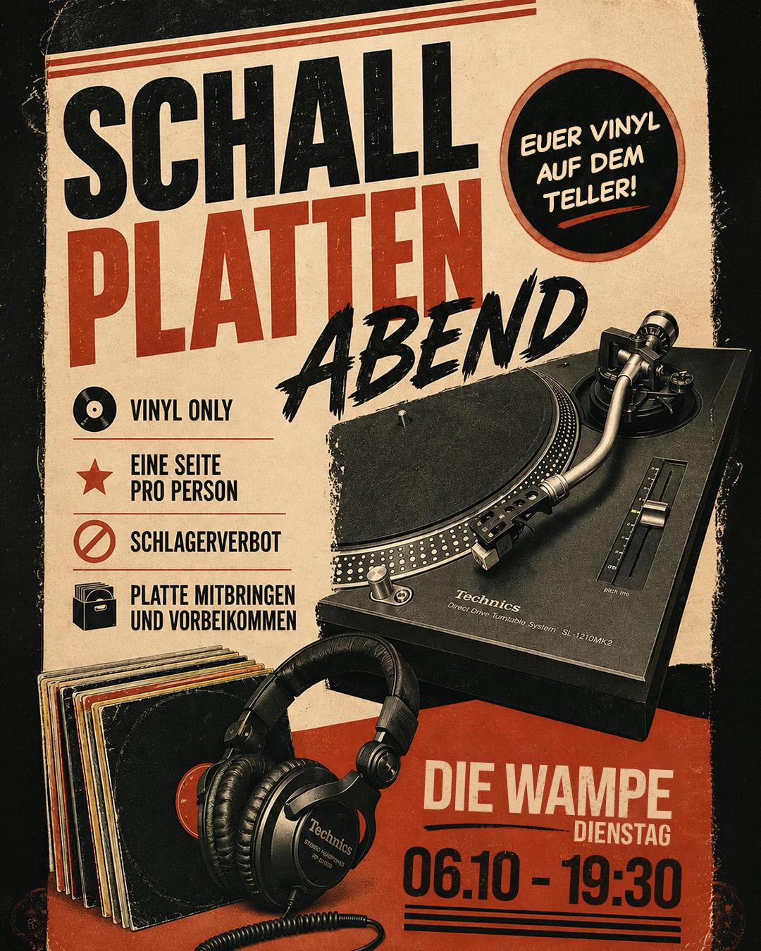 Schallplattenabend in der Kneipe Die Wampe mit Technics Plattenspieler, Kopfhörer und Vinyl-Stapel.