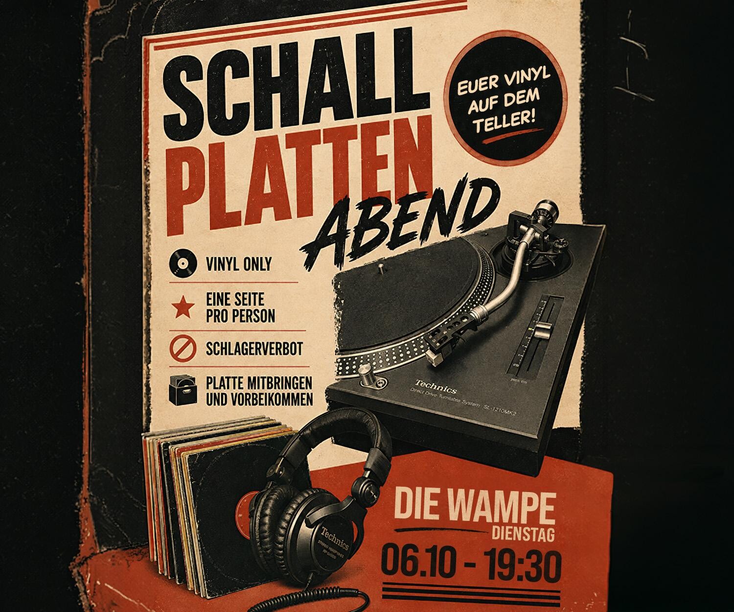 Schallplattenabend in der Kneipe Die Wampe mit Technics Plattenspieler, Kopfhörer und Vinyl-Stapel.