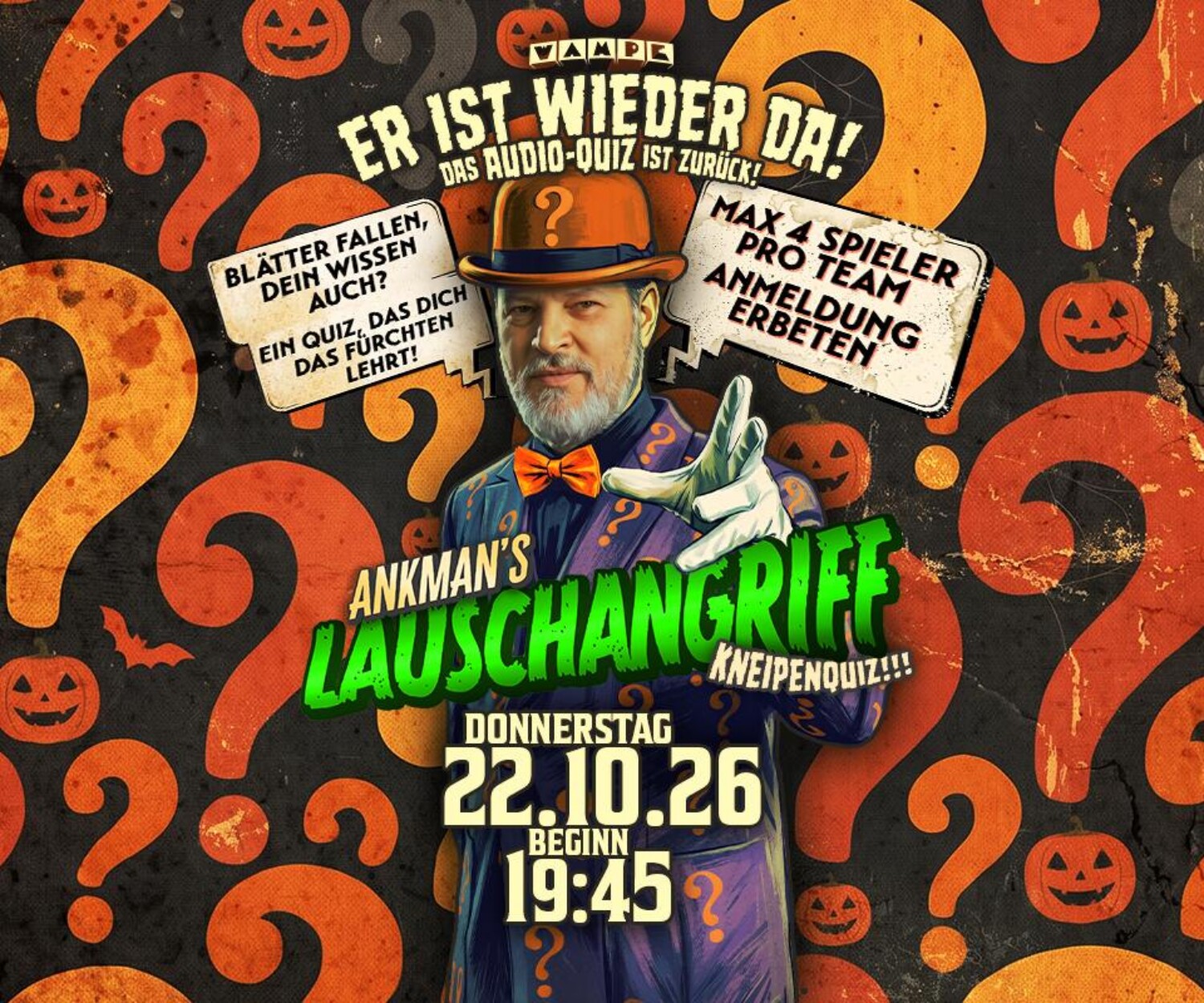 Veranstaltungsplakat für Ankman’s Lauschangriff Kneipenquiz in der Wampe am Donnerstag, 22. Oktober 2026 um 19:45 Uhr.