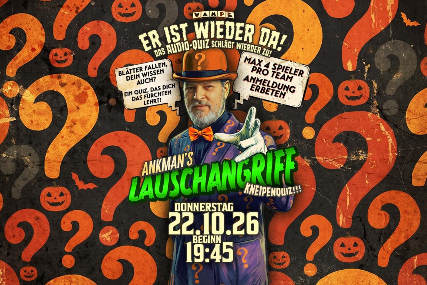 Veranstaltungsplakat für Ankman’s Lauschangriff Kneipenquiz in der Wampe am Donnerstag, 22. Oktober 2026 um 19:45 Uhr.