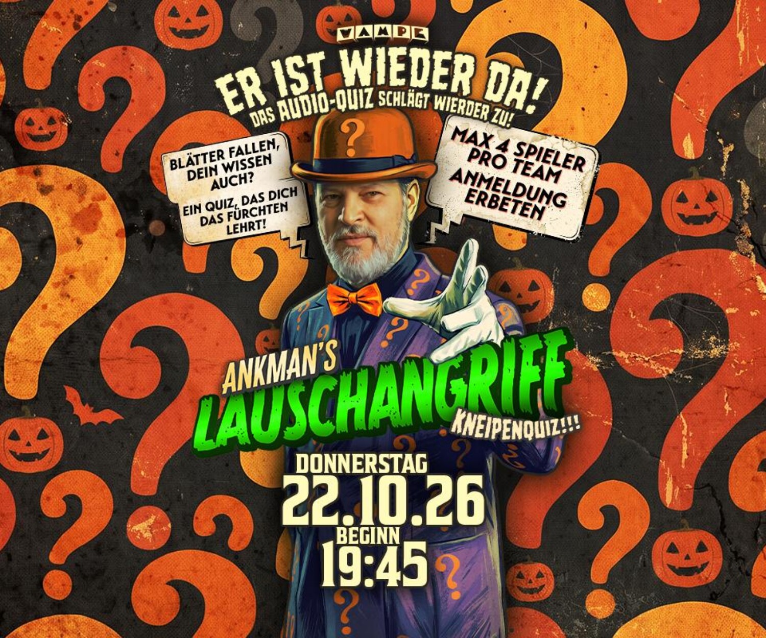 Veranstaltungsplakat für Ankman’s Lauschangriff Kneipenquiz in der Wampe am Donnerstag, 22. Oktober 2026 um 19:45 Uhr.